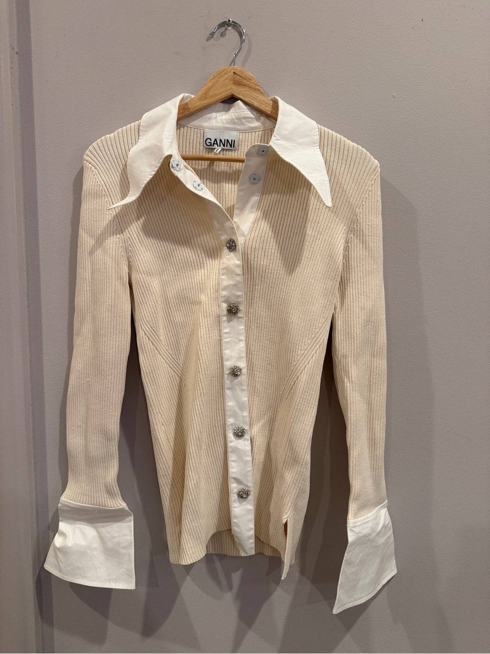GANNI Cream Ribbed Knit Crystal Button Collared Cardigan Size Medium